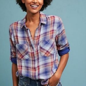 Anthropologie Cloth & Stone Plaid Split Back Long Sleeve Button Down Top Medium